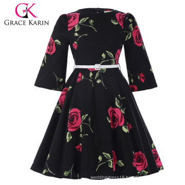 Grace Karin Children Kids Girls Vintage Retro Flower Pattern Bell Sleeve Cotton Girls Party Dress CL010475-1